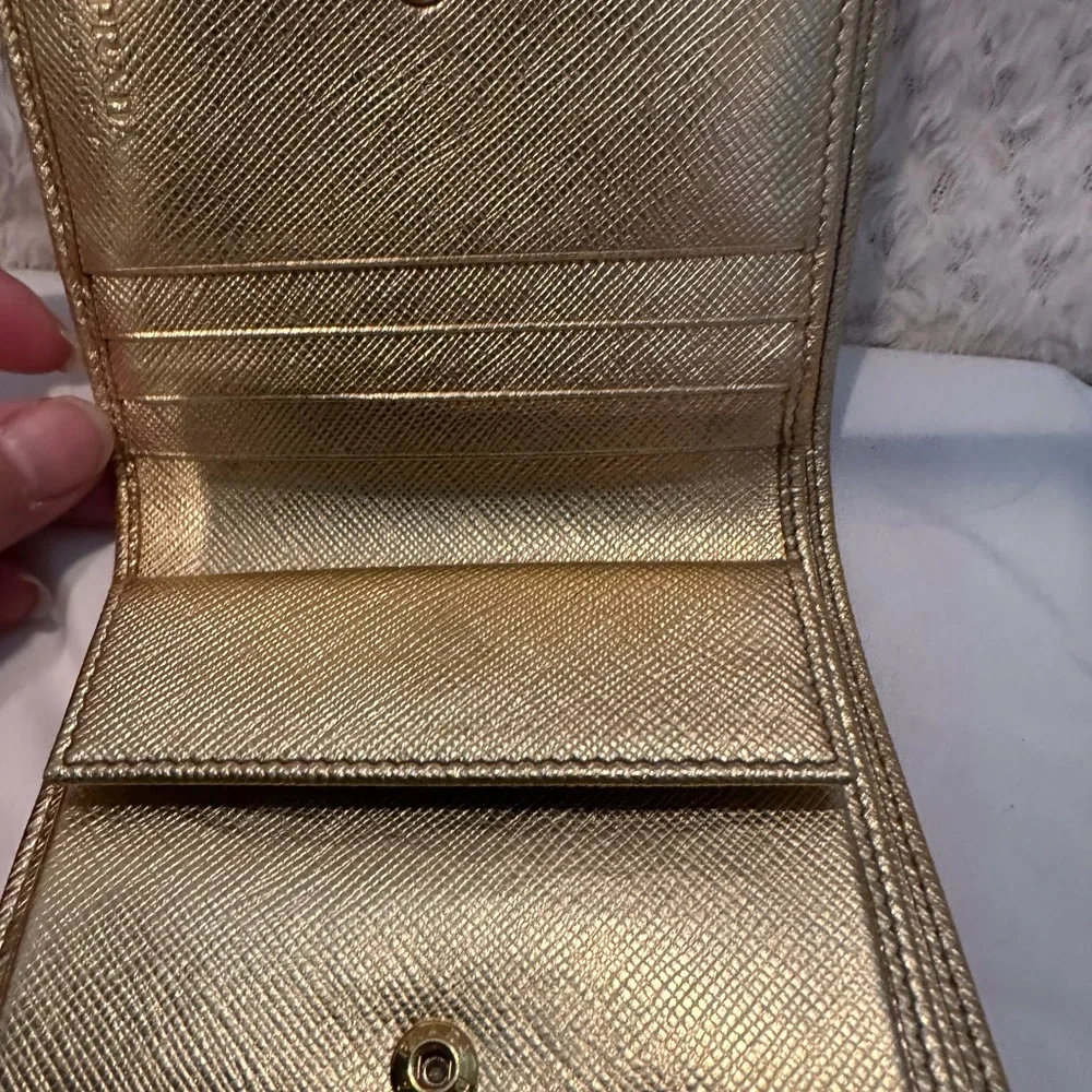 Authentic PRADA Gold Genuine Saffiano Leather Compact Wallet Pre-owned